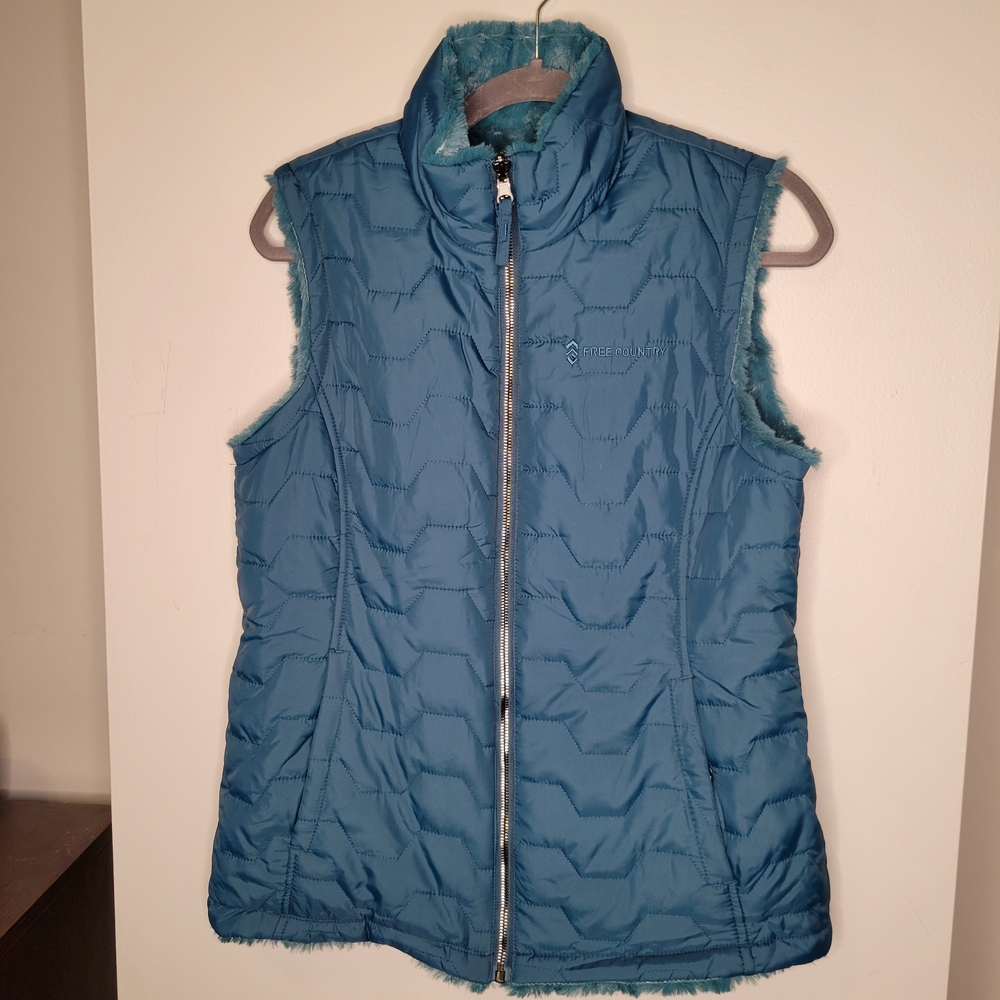 Free Country Teal Quilted Vest with Faux Fur Trim Reversible M